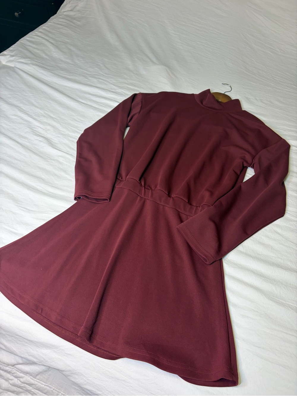 Mock Neck Long Sleeve A-Line Dress in Burgundy